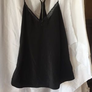 Black fabric and lace tank top